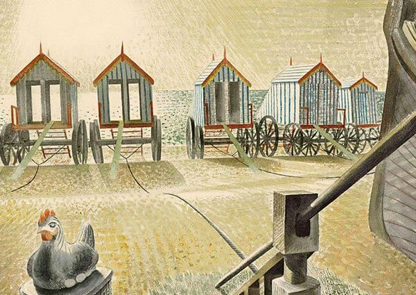 Aldeburgh Bathing Machines, Greeting Card by Eric Ravilious - Thumbnail