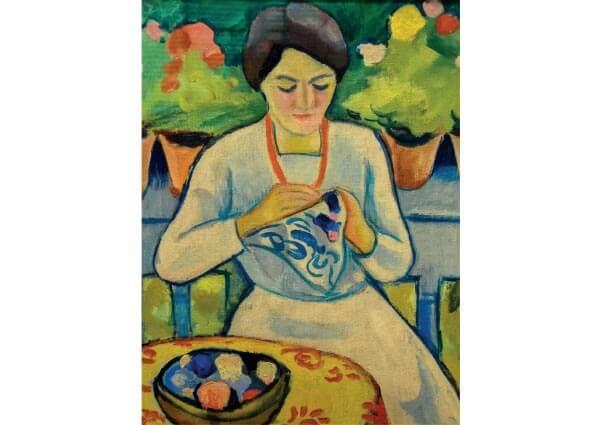 Woman Embroidering on Balcony, Greeting Card by August Macke - Thumbnail