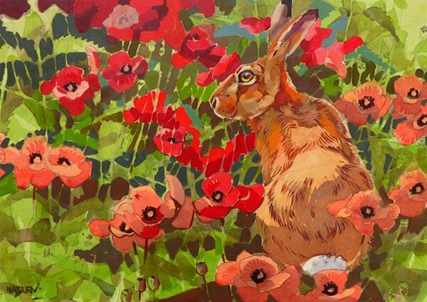 Hare and Poppies, Greeting Card by Andrew Haslen - Thumbnail