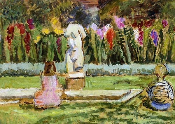 Henrietta and Julian by the Garden Pool at Charleston, Greeting Card by Vanessa Bell - Thumbnail