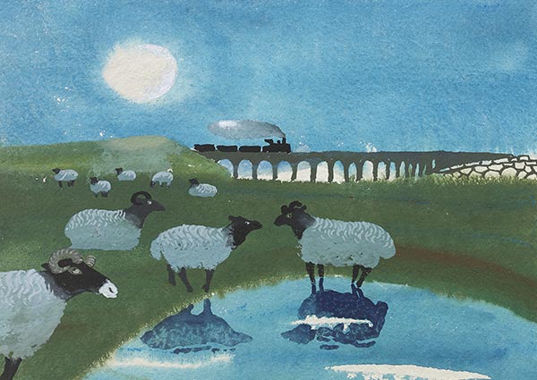 Sheep and Train, Greeting Card by Mary Fedden - Thumbnail