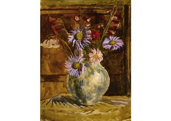 Still life of flowers in a vase, violet and pink chrysanthemum, Greeting Card by Vanessa Bell - Thumbnail