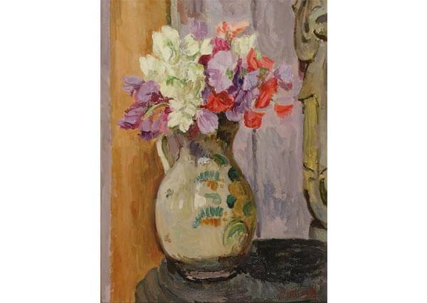 Sweet peas in jug with Indian Bhodisattva, Greeting Card by Vanessa Bell - Thumbnail