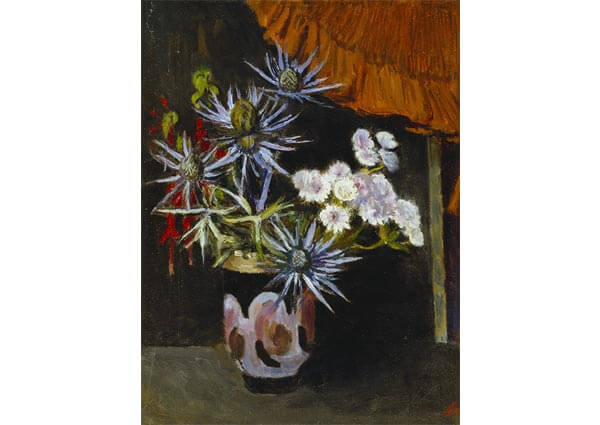 Astrantia, Sea Holly & Fuchsia in a Painted Pot, Greeting Card by Vanessa Bell - Thumbnail