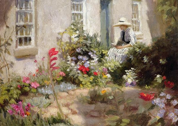Woman Reading in a Garden, Greeting Card by Harold Harvey - Thumbnail