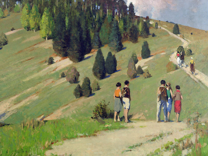 Hikers at Goodwood Downs, Greeting Card by George Henry - Featured on Mobile Devices
