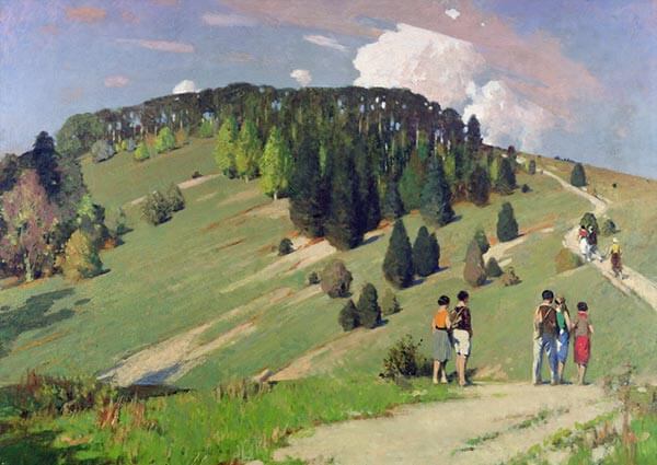 Hikers at Goodwood Downs, Greeting Card by George Henry - Thumbnail
