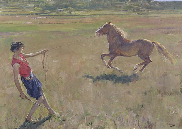 Schooling the Pony, Greeting Card by John Lavery - Thumbnail