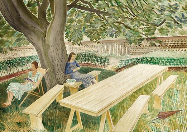 Two Women Sitting in a Garden, Greeting Card by Eric Ravilious - Thumbnail