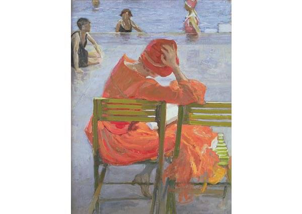 Girl in a red dress reading by a swimming pool, Greeting Card by John Lavery - Thumbnail