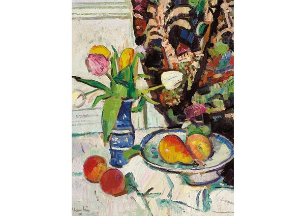 Still Life with Tulips and Fruit, Greeting Card by George Leslie Hunter - Thumbnail