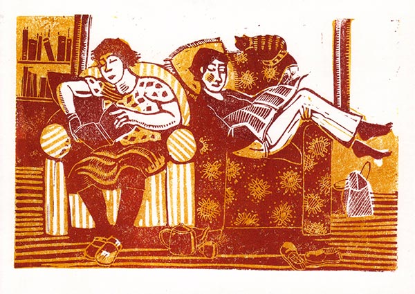 Two Readers (linocut), Greeting Card by Elaine Nason - Thumbnail